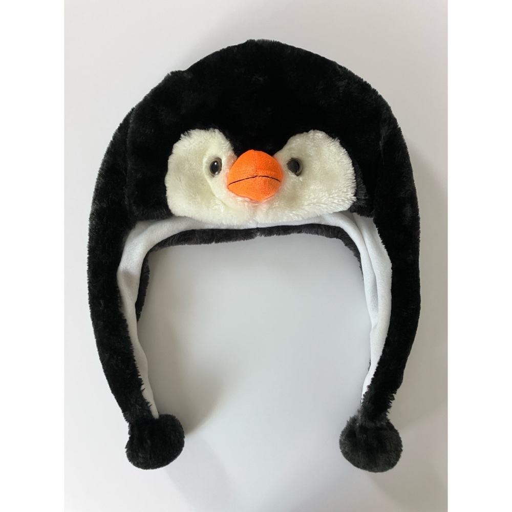 Fuzzy Black & White Penguin Hat with Pom-Pom Ear Flaps Children’s L/XL Adult S/M